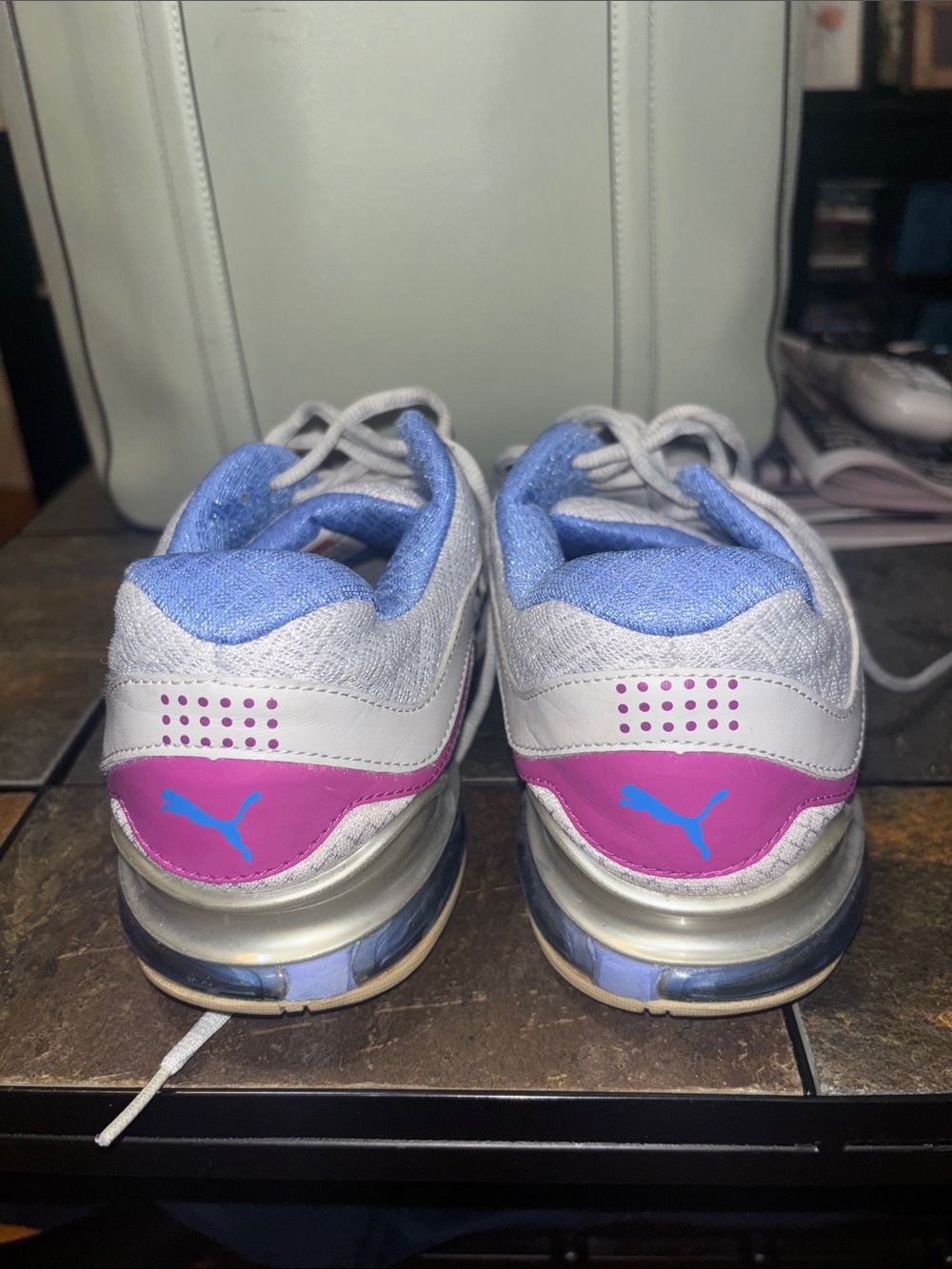 Puma Women's White Athletic Sneakers with Blue Liner and Pink Accents - Picture 7 of 8